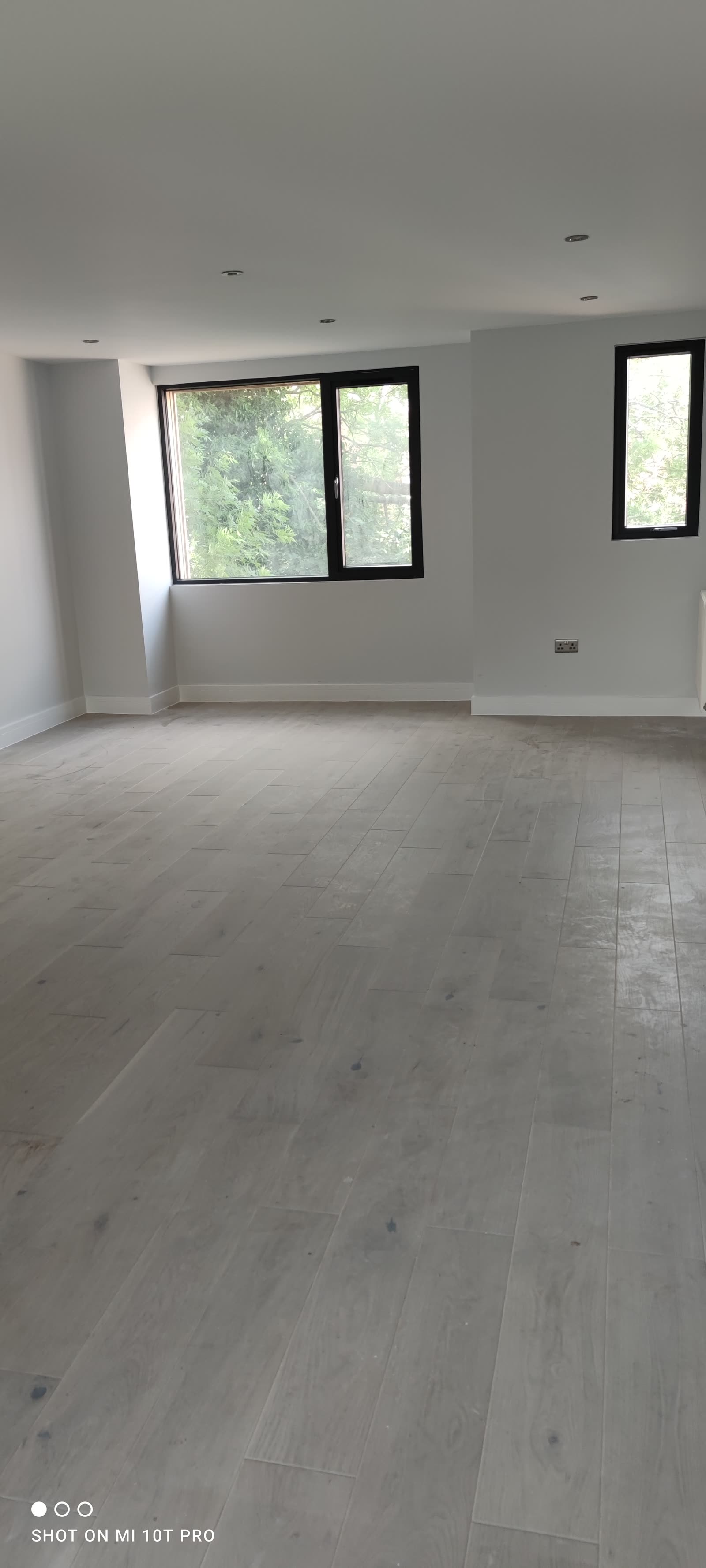 Open reception room with wide-plank wood flooring, black-framed windows and recessed downlights.